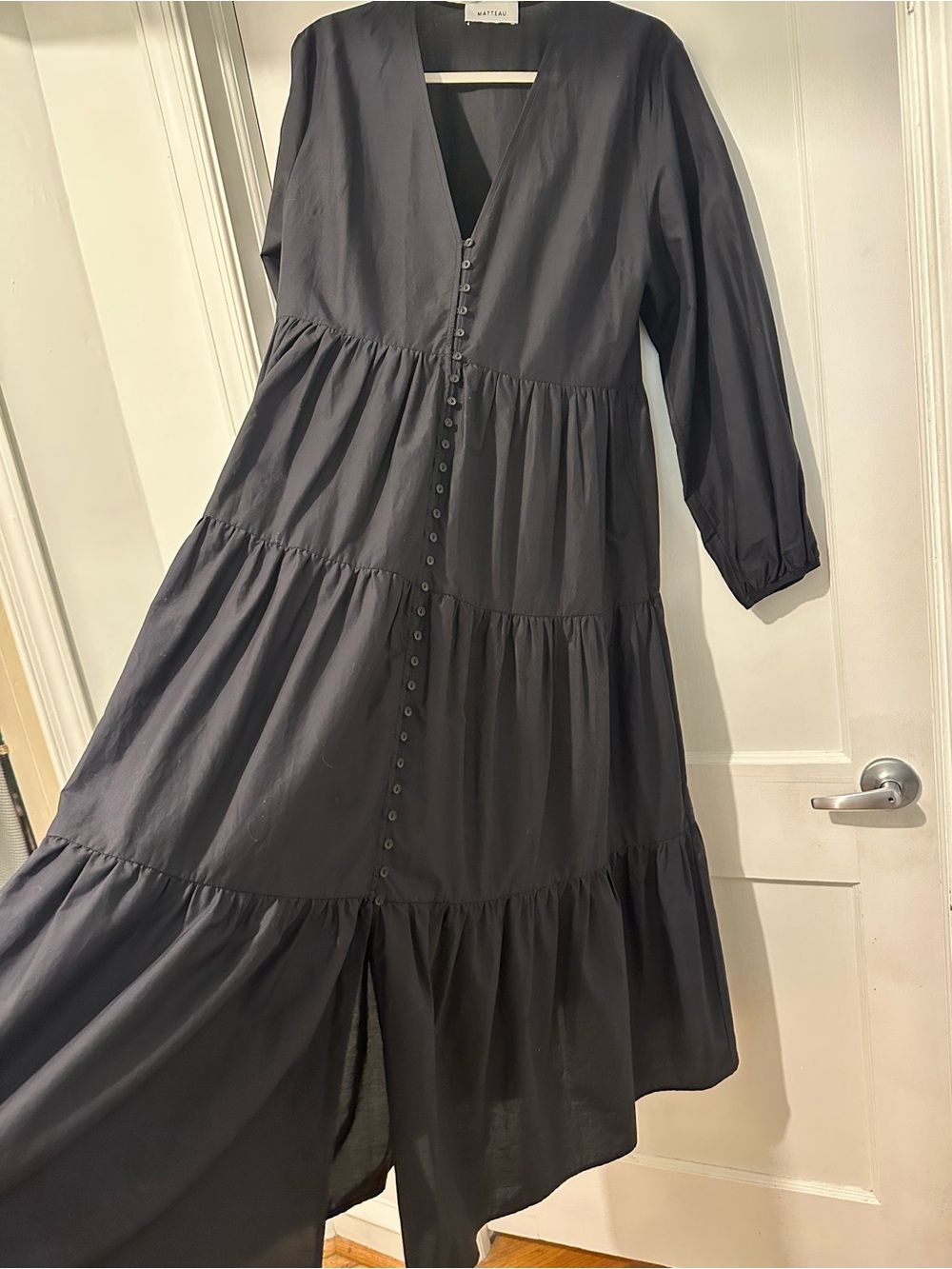Matteau Black V-Neck Tiered Fitted Button loop Maxi Dress